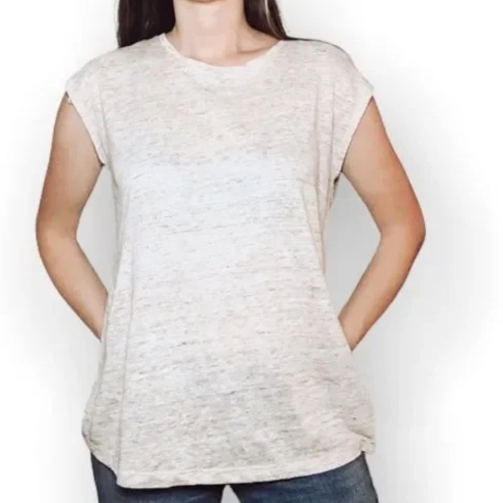 TAHARI white linen button back crew neck cap sleeve top SZ Large